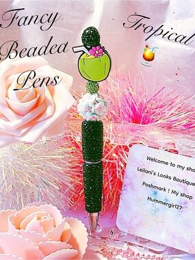 Fancy Beaded Tropical Pen in Glittery Dark Green/flower beads/